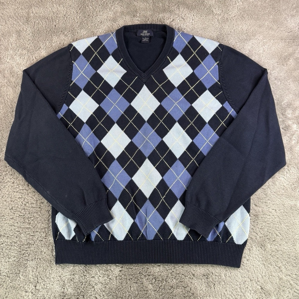 Vintage Brooks Brothers Argyle V-Neck Sweater Men's L Navy Blue 100% Pima Cotton